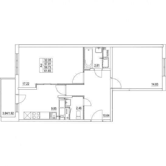 Двухкомнатная квартира 59.73 м²