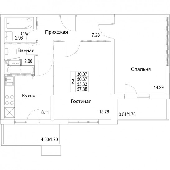 Двухкомнатная квартира 53.33 м²
