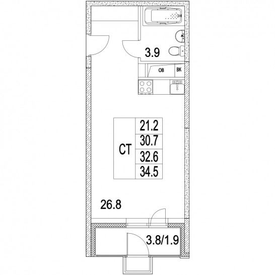 Студия 32.6 м²