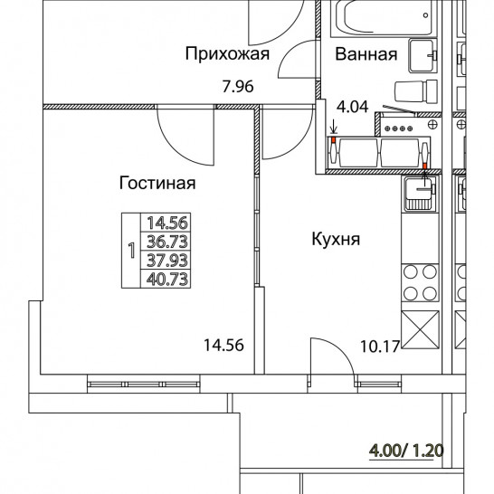 Однокомнатная квартира 37.93 м²