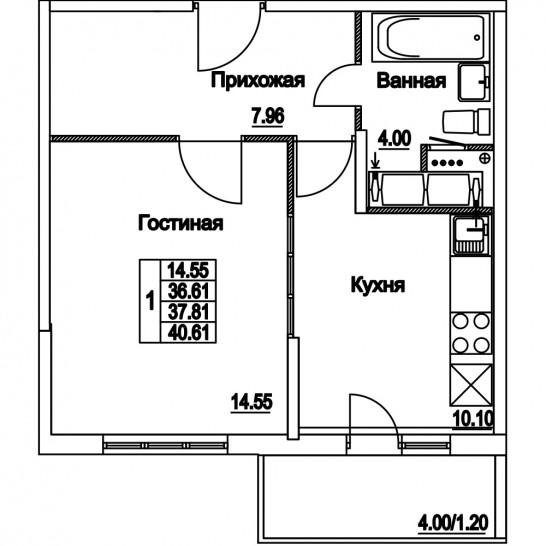 Однокомнатная квартира 37.81 м²