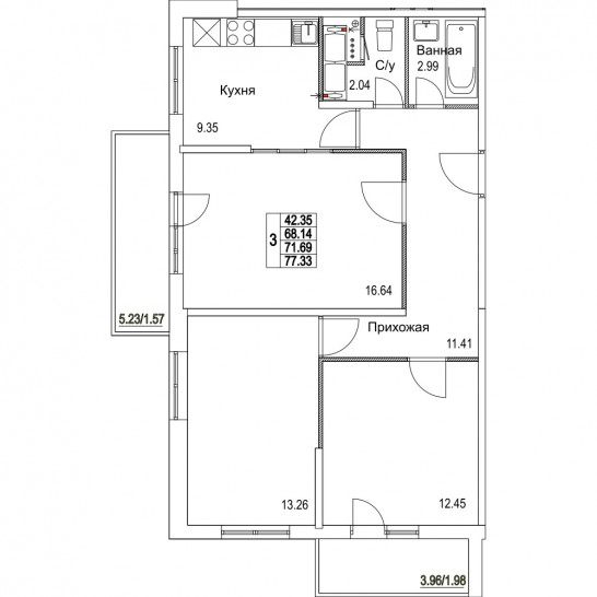 Трёхкомнатная квартира 71.69 м²