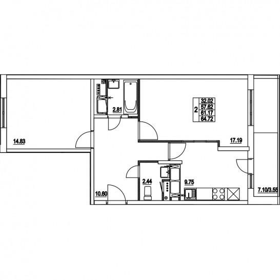 Двухкомнатная квартира 61.17 м²