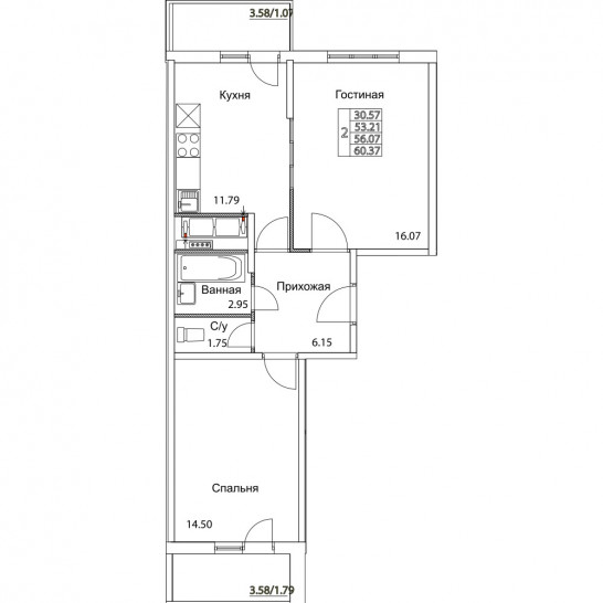 Двухкомнатная квартира 56.07 м²