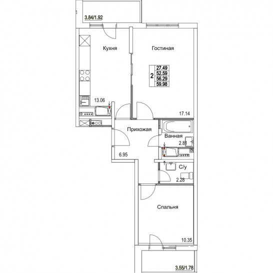 Двухкомнатная квартира 56.29 м²