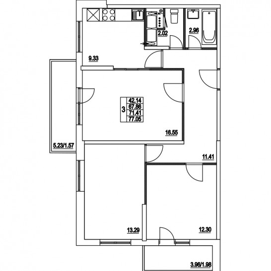 Трёхкомнатная квартира 71.41 м²