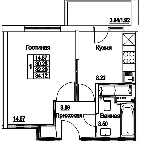 Однокомнатная квартира 32.2 м²