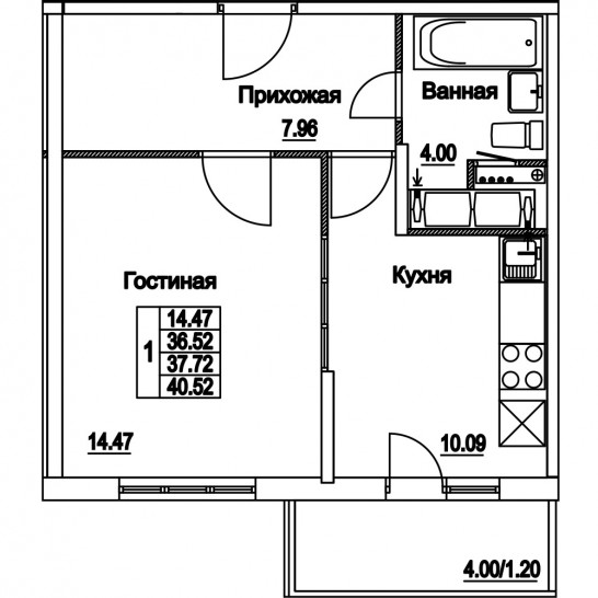 Однокомнатная квартира 37.72 м²