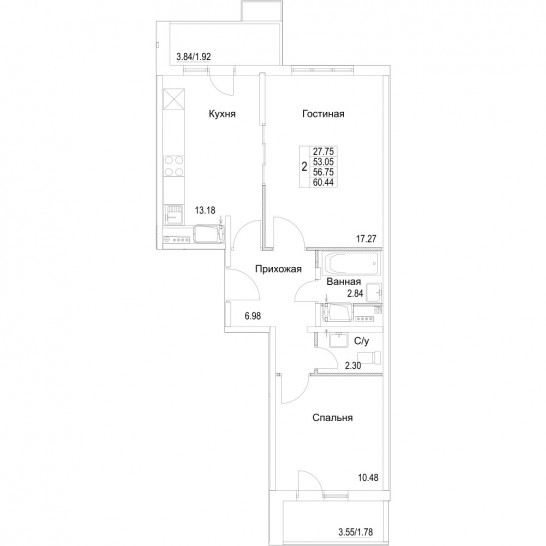 Двухкомнатная квартира 56.75 м²