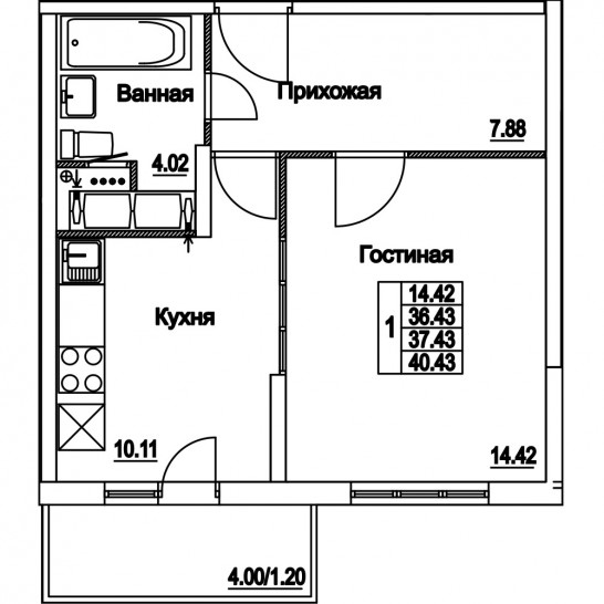 Однокомнатная квартира 37.43 м²