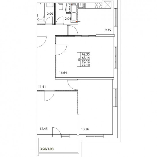 Трёхкомнатная квартира 70.12 м²