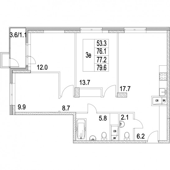 Трёхкомнатная квартира 77.2 м²