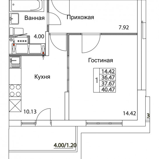 Однокомнатная квартира 37.67 м²