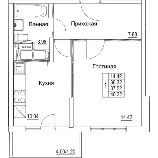 Однокомнатная квартира 37.52 м²