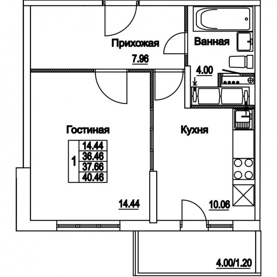 Однокомнатная квартира 37.66 м²