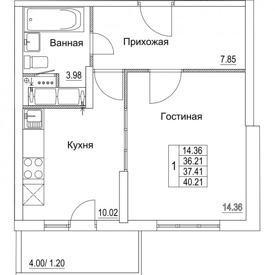 Однокомнатная квартира 37.41 м²