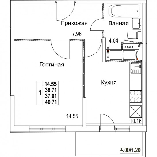 Однокомнатная квартира 37.91 м²