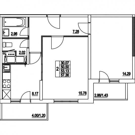 Двухкомнатная квартира 53.13 м²