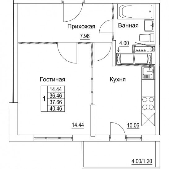 Однокомнатная квартира 37.66 м²