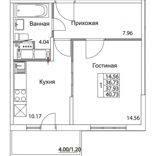 Однокомнатная квартира 37.93 м²