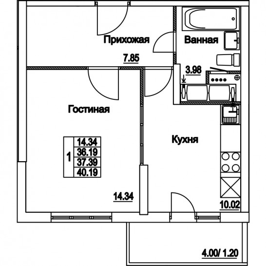 Однокомнатная квартира 37.39 м²