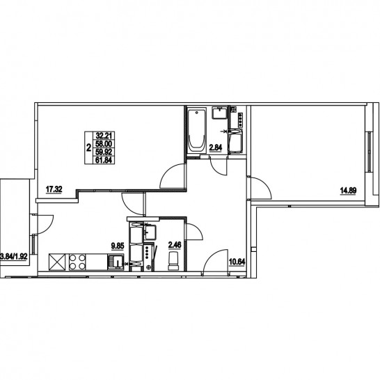 Двухкомнатная квартира 59.92 м²