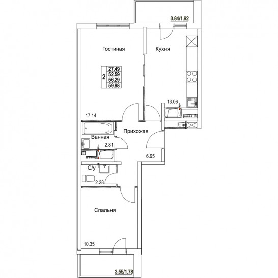 Двухкомнатная квартира 56.29 м²