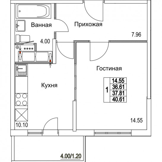 Однокомнатная квартира 37.81 м²