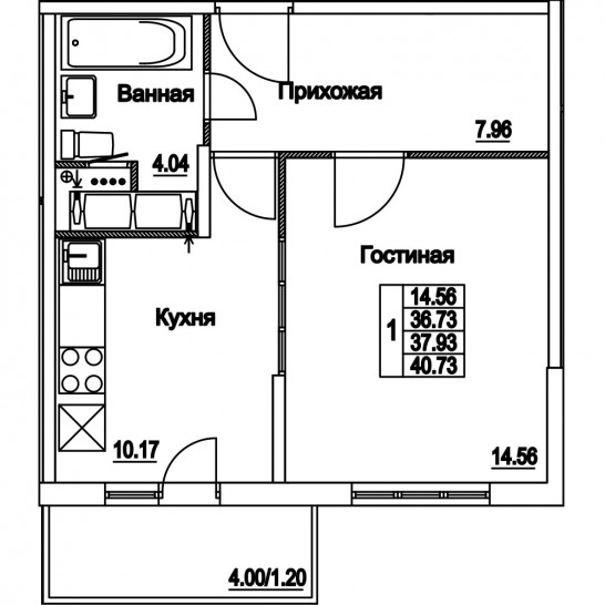 Однокомнатная квартира 37.93 м²