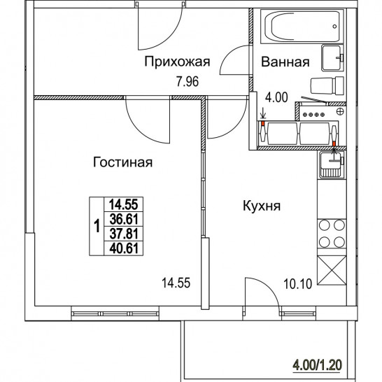 Однокомнатная квартира 37.81 м²