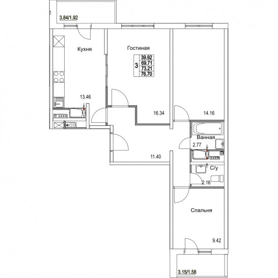 Трёхкомнатная квартира 73.21 м²