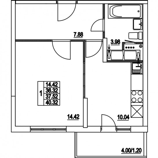 Однокомнатная квартира 37.52 м²