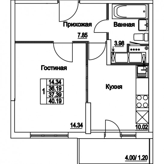 Однокомнатная квартира 37.39 м²