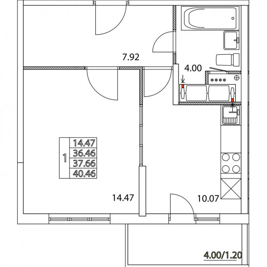 Однокомнатная квартира 37.66 м²
