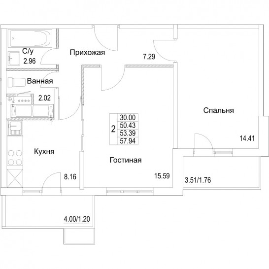 Двухкомнатная квартира 53.39 м²