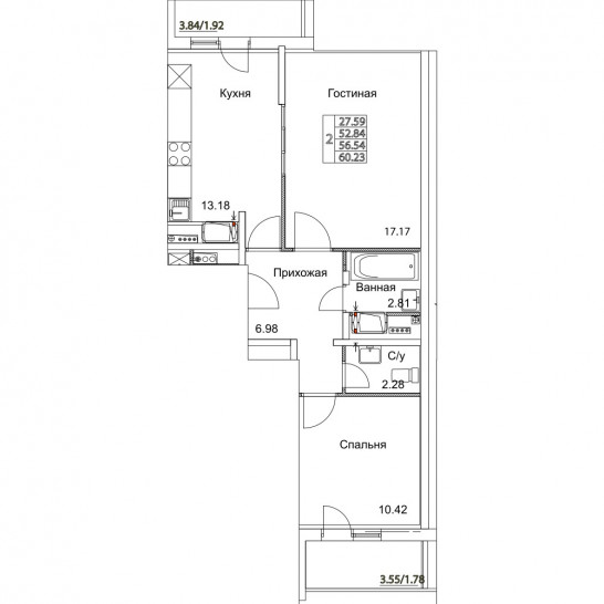 Двухкомнатная квартира 56.54 м²
