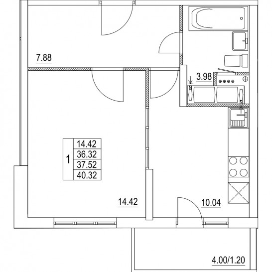Однокомнатная квартира 37.52 м²