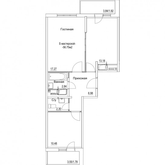 Двухкомнатная квартира 56.75 м²