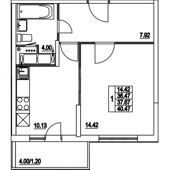 Однокомнатная квартира 37.67 м²