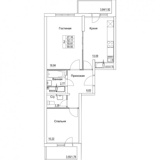Двухкомнатная квартира 55.81 м²