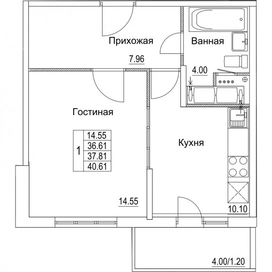 Однокомнатная квартира 37.81 м²