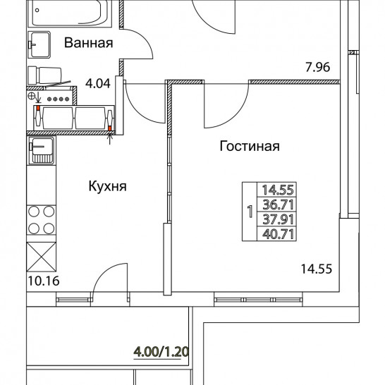Однокомнатная квартира 37.91 м²