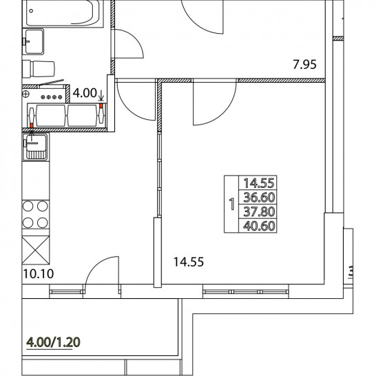 Однокомнатная квартира 37.8 м²