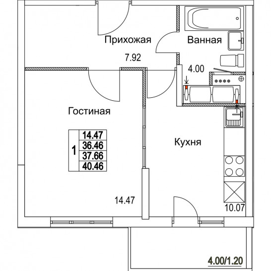 Однокомнатная квартира 37.66 м²