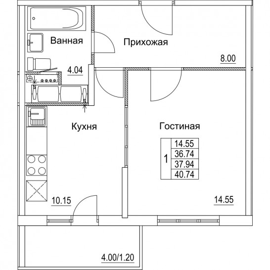 Однокомнатная квартира 37.94 м²