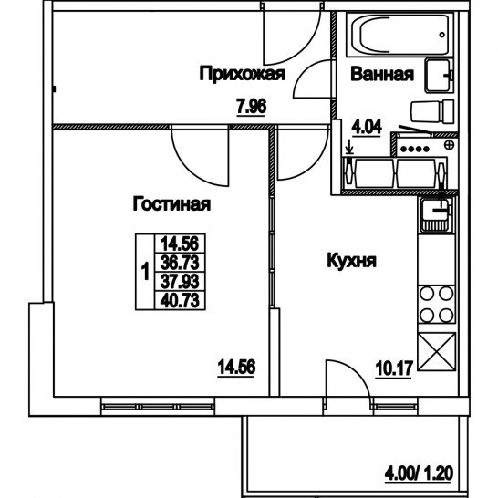 Однокомнатная квартира 37.93 м²