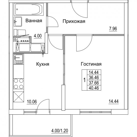 Однокомнатная квартира 37.66 м²