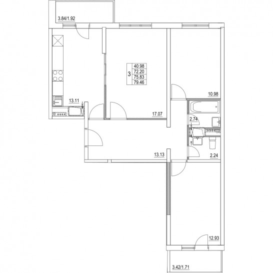 Трёхкомнатная квартира 75.83 м²