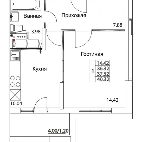 Однокомнатная квартира 37.52 м²