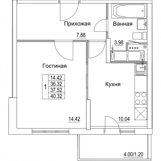 Однокомнатная квартира 37.52 м²